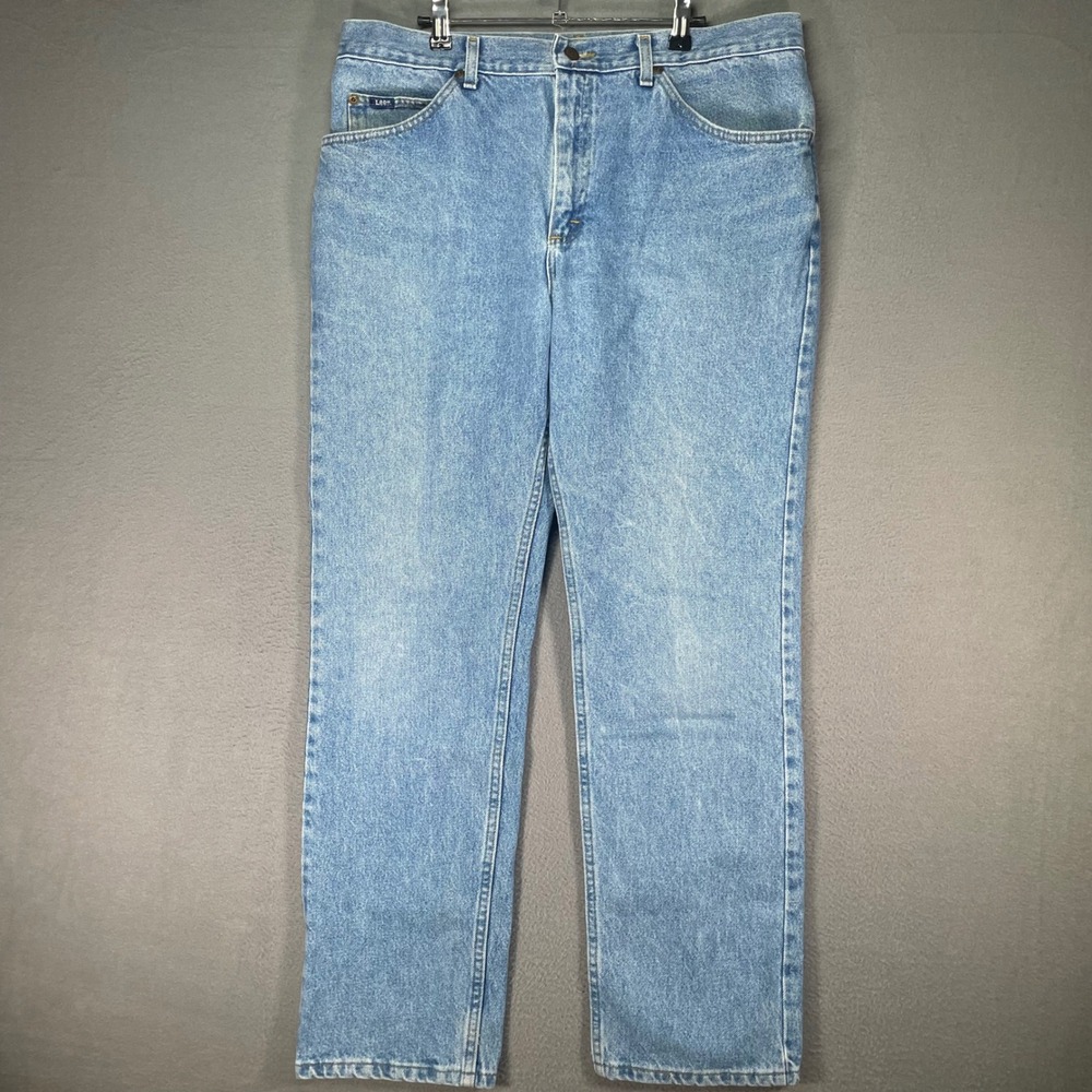 Vintage Lee Jeans Mens 38x32 Light Wash Blue Denim Relaxed Straight 5 Pocket